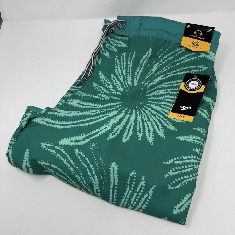 Speedo Swim Shorts Mens M Blue/Turq Floral 18" Outseam Mesh Liner Stretch UPF